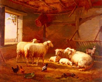 尤金 約瑟夫 維保蓋文 Sheep With Chickens And A Goat In A Barn